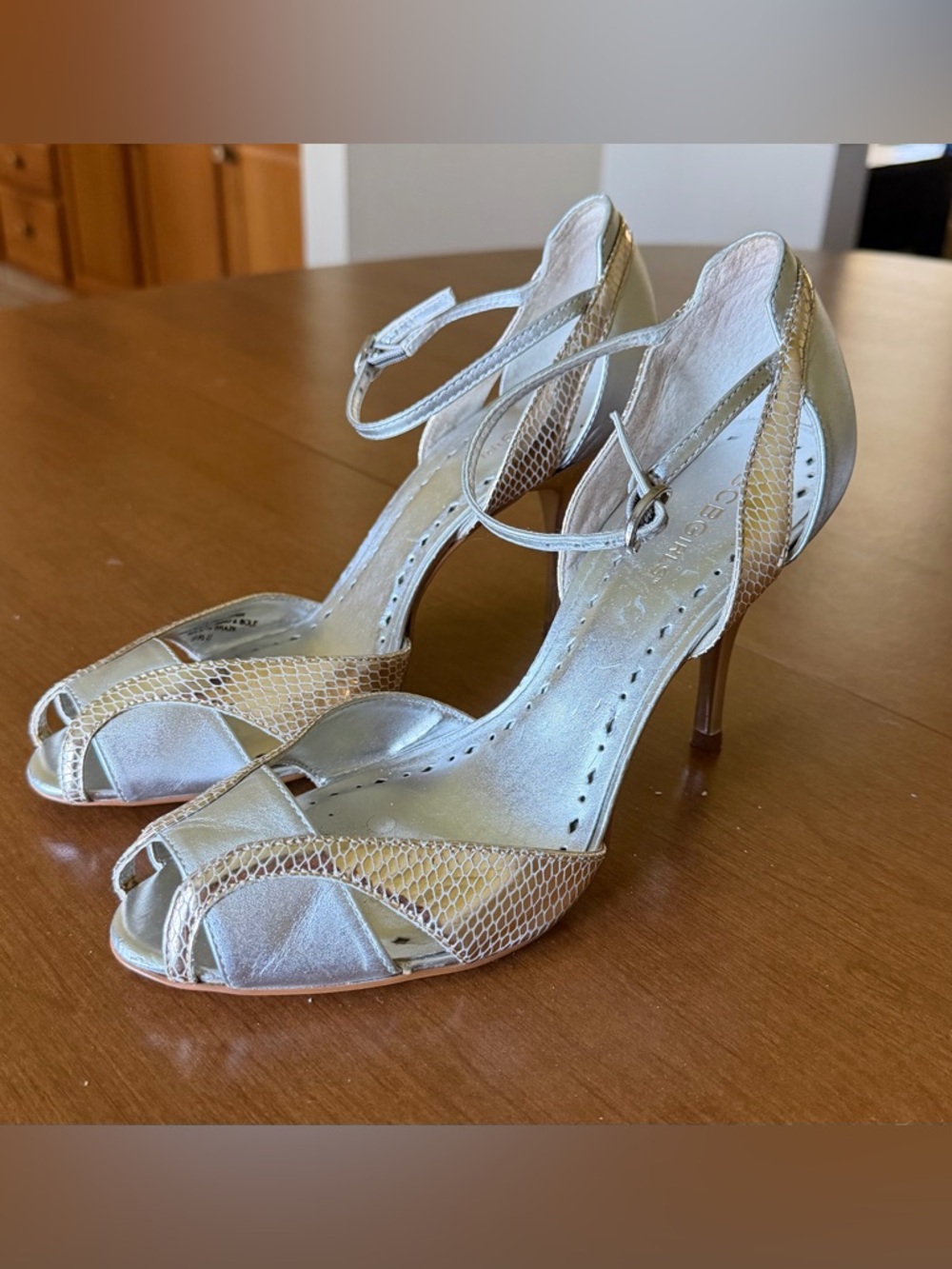 BCBGirls Metallic Silver Peep-Toe Ankle-Strap Heels